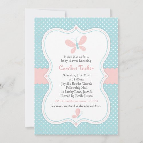 Pink  Blue Butterfly Baby Girl Shower Invitation