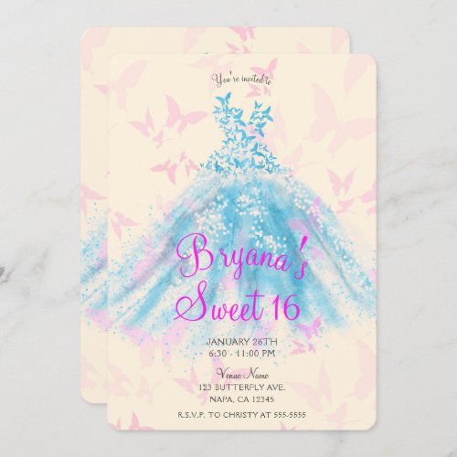 Pink  Blue Butterfly Dance Dress Sweet 16 Party I Invitation