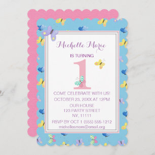 Pink Blue Butterfly First Birthday Invitation