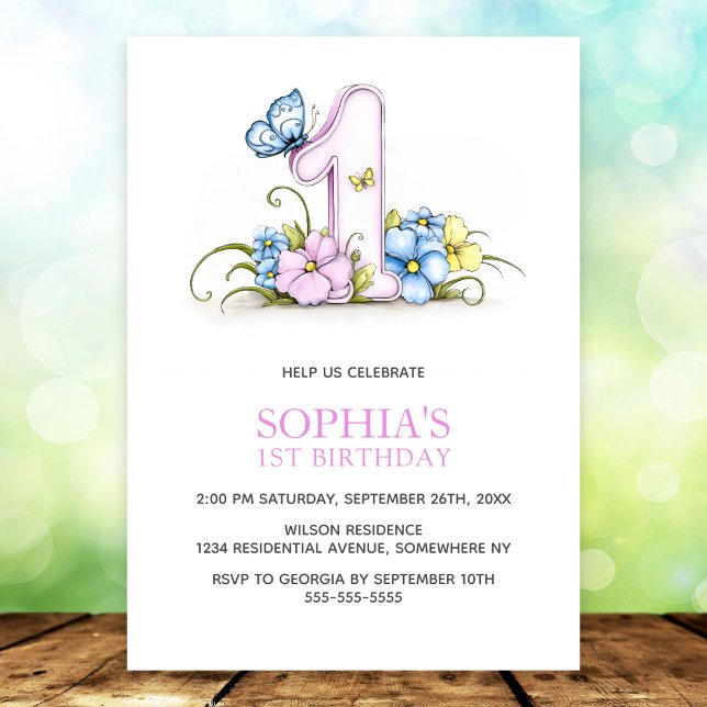 Pink Blue Butterfly Flowers 1st Birthday Party Invitation (Creator Uploaded)