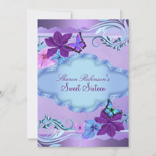 Pink &amp; Blue Butterfly Garden Sweet 16 Invite