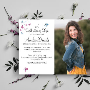 Pink Blue Butterfly Photo In Loving Memory Card