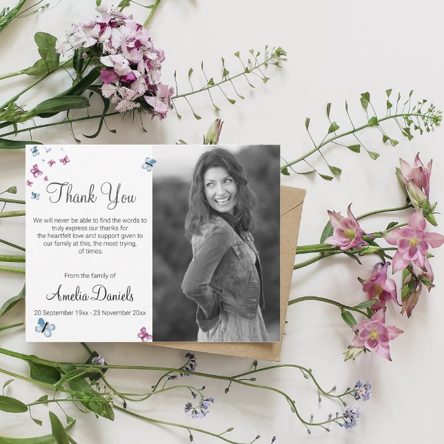 Pink Blue Butterfly Photo In Memory Thank You Card (Creator Uploaded)