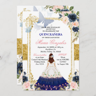 Pink & Blue Butterfly Quinceanera Mexican Birthday Invitation