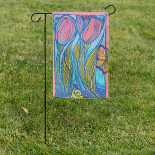Pink Blue Butterfly Snail Tulips Spring Garden     Flag