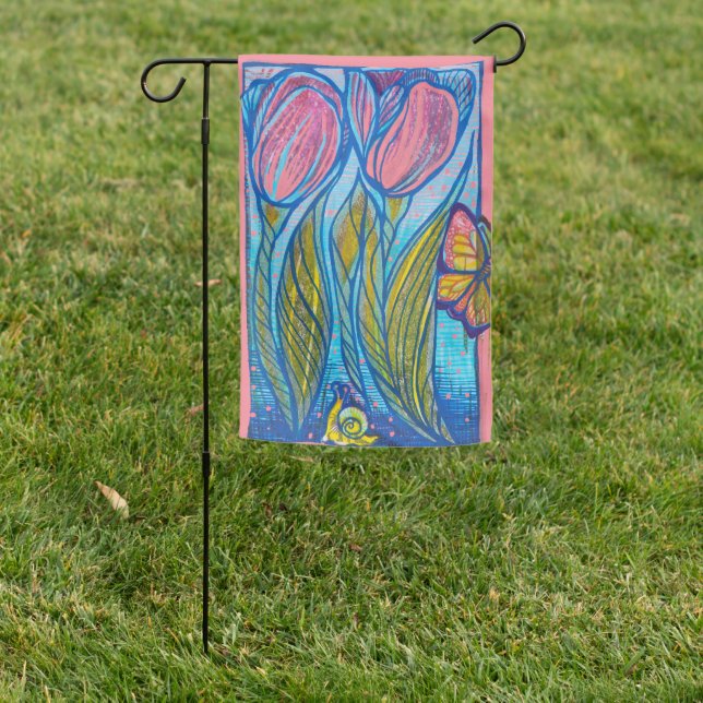 Pink Blue Butterfly Snail Tulips Spring Garden     Flag (In SItu)