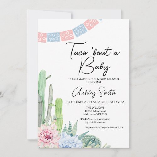 Pink Blue Cactus Taco bout a Baby Baby Shower Invitation