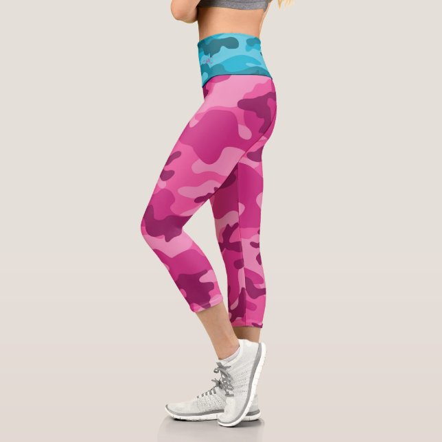 Pink Blue Camo INITIALS for Her Colorful Fun Capri Leggings (Left)