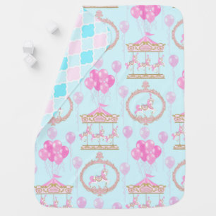 PINK & BLUE CAROUSEL HORSES WITH BALLOONS BABY BLANKET