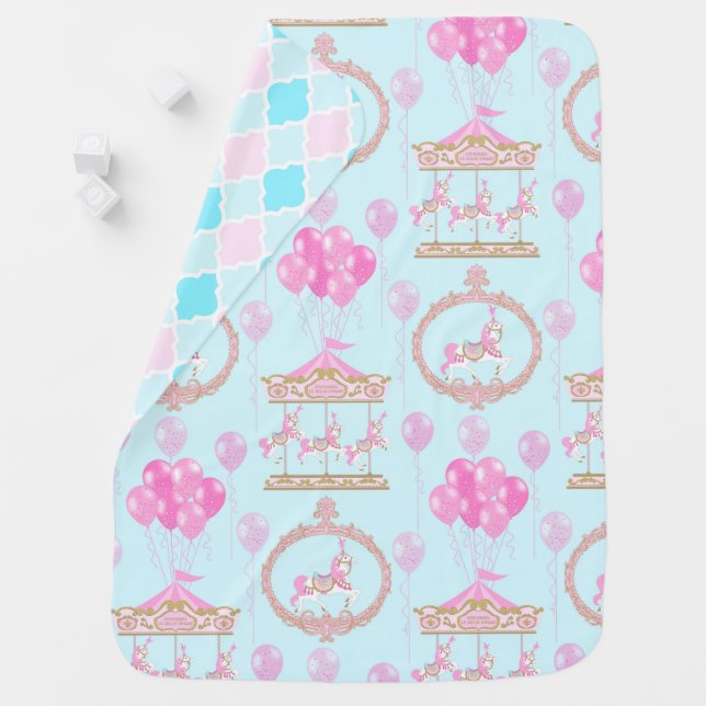 PINK & BLUE CAROUSEL HORSES WITH BALLOONS BABY BLANKET (In Situ)