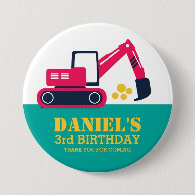Pink Blue Cartoon Excavator Kids Birthday Button (Front)