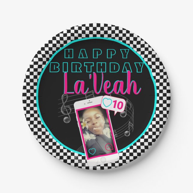 Pink|Blue Cellphone Photo Social Media Birthday Paper Plates (Front)