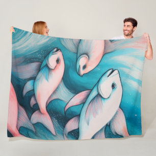 Pink Blue Chalk Drawing Fish Fleece Blanket