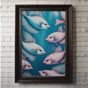 Pink Blue Chalk Drawing Fish Poster