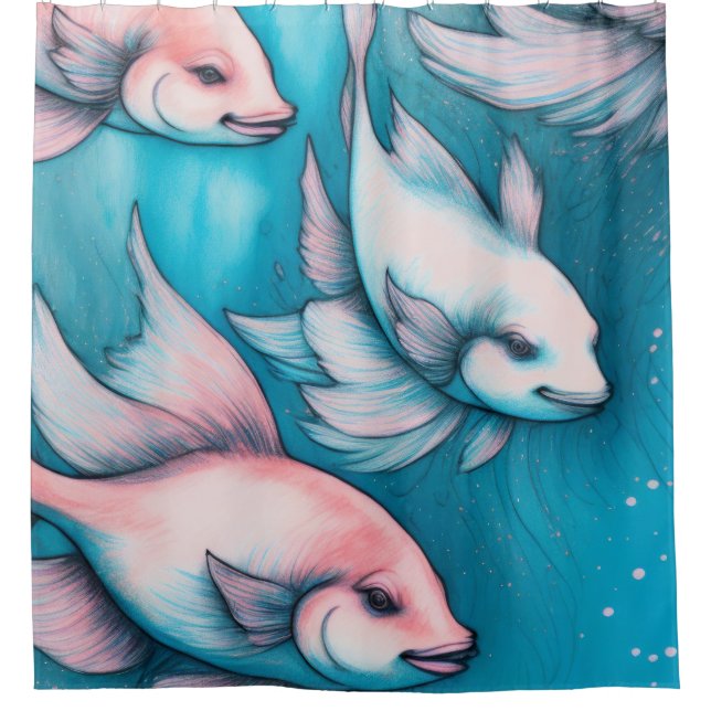 Pink Blue Chalk Drawing Fish Shower Curtain (Front)