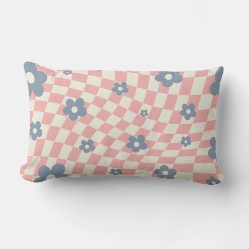 Pink Blue Checkered Floral Lumbar Pillow