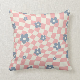 Pink Blue Checkered Floral Throw Pillow