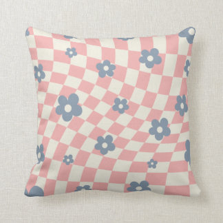 Pink Blue Checkered Floral Throw Pillow