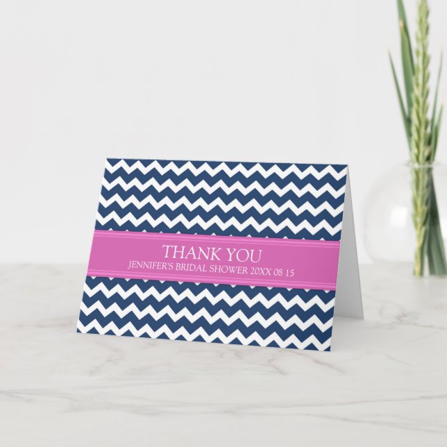 Pink Blue Chevron Bridal Shower Thank You Card (Front)