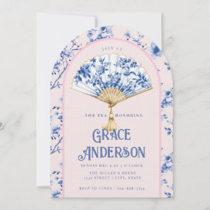  Pink & Blue Chinoiserie Fan   Bridal Tea  Invitation