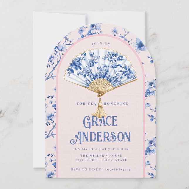  Pink & Blue Chinoiserie Fan | Bridal Tea  Invitation (Front)