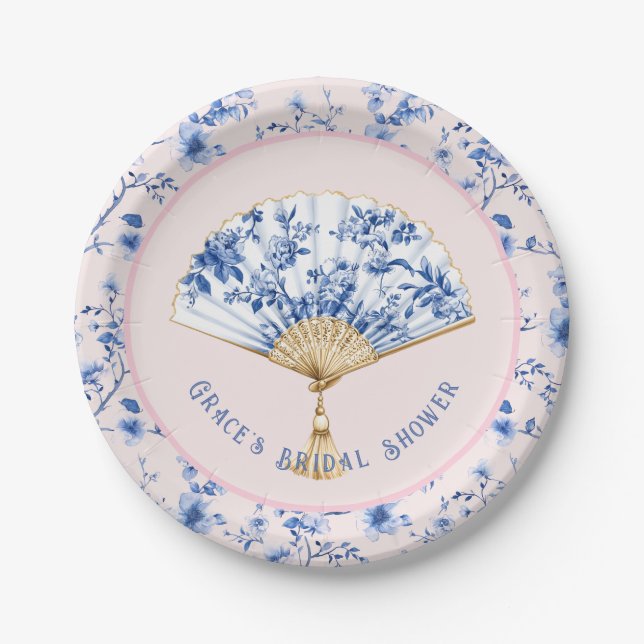  Pink & Blue Chinoiserie Fan | Bridal Tea  Paper Plates (Front)