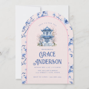 Pink & Blue Chinoiserie Pagoda Tea Invitation