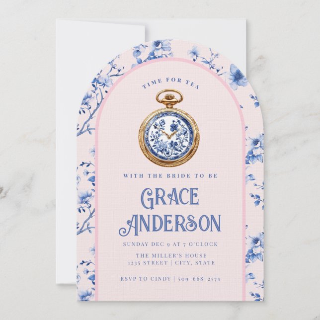  Pink & Blue Chinoiserie Pocket Watch Tea   Invitation (Front)