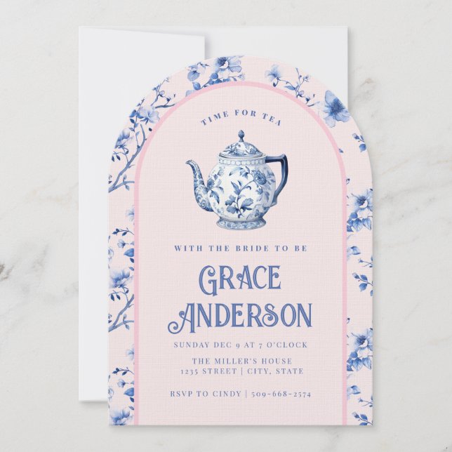  Pink & Blue Chinoiserie Tea Pot Tea   Invitation (Front)