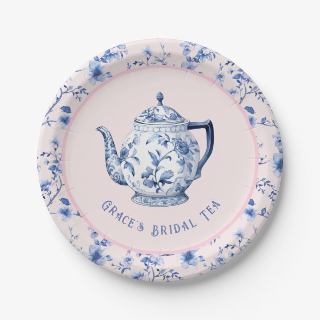  Pink & Blue Chinoiserie Teapot | Bridal Tea  Paper Plates (Front)