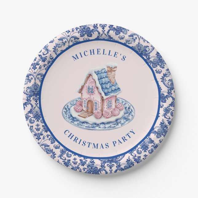 Pink & Blue Christmas Gingerbread W/ Damask Border Paper Plates (Front)
