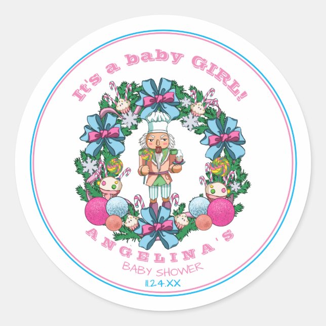 Pink Blue Christmas Nutcracker Wreath Baby Shower Classic Round Sticker (Front)