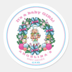 Pink Blue Christmas Nutcracker Wreath Baby Shower Classic Round Sticker