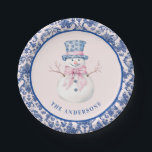 Pink & Blue Christmas Snowman W/ Damask Border Paper Plates<br><div class="desc">This Christmas design has a preppy grandmillennial design featuring a Snowman in a blue and white Chinoiserie pot on a blush pink background with a navy blue damask border around the edge.</div>