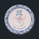 Pink & Blue Christmas Snowman W/ Damask Border Paper Plates<br><div class="desc">This Christmas design has a preppy grandmillennial design featuring a Snowman in a blue and white Chinoiserie pot on a blush pink background with a navy blue damask border around the edge.</div>