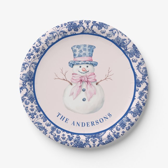 Pink & Blue Christmas Snowman W/ Damask Border Paper Plates (Front)