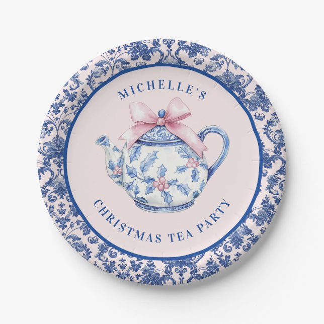 Pink & Blue Christmas TEA W/ Damask Border Paper Plates (Front)