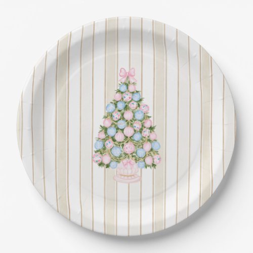 Pink Blue Christmas Tree Bulbs Bow Paper Plates