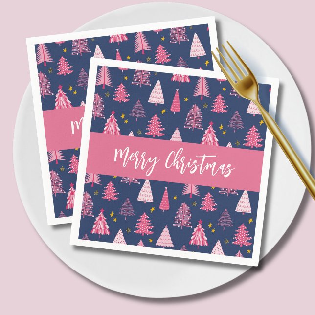 Pink Blue Christmas Tree Pattern Napkins (Pink Christmas tree Merrcy Christmas Holiday Paper napkins on navy blue)