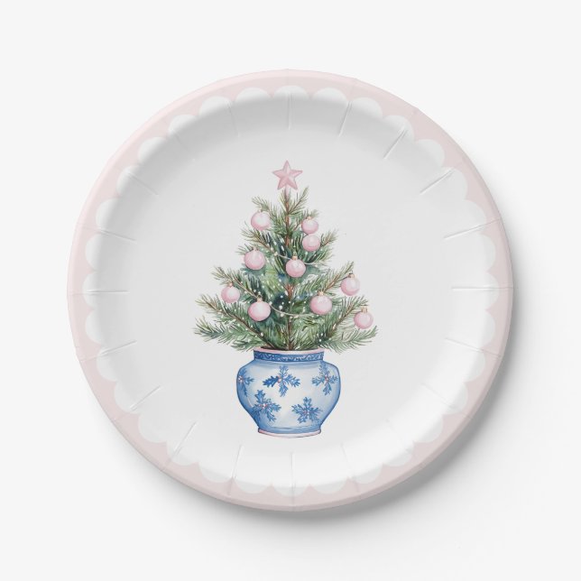 Pink & Blue Christmas Tree W Scallop Border Paper Plates (Front)