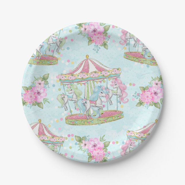 Pink Blue Circus Carousel Pony Paper Plates (Front)