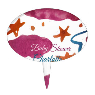 Pink blue clouds baby shower add name watercolor s cake topper