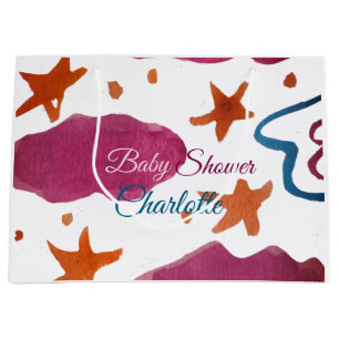 Pink blue clouds baby shower add name watercolor s large gift bag