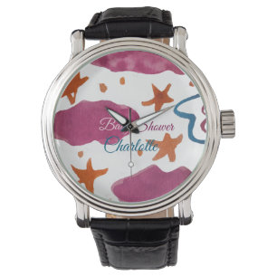 Pink blue clouds baby shower add name watercolor s watch