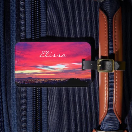 Pink blue coastal sunset photo script custom name luggage tag