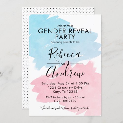 Pink  Blue Color Splash Gender Reveal Baby Shower Invitation