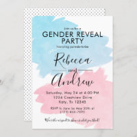 Pink & Blue Color Splash Gender Reveal Baby Shower Invitation