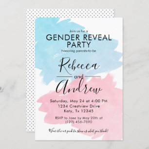 Pink & Blue Color Splash Gender Reveal Baby Shower Invitation