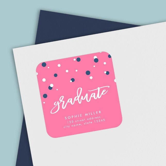 Pink Blue Confetti Graduate Return Address Square Sticker (Creator Uploaded)