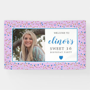 Pink Blue Confetti Photo Sweet 16 Welcome Banner